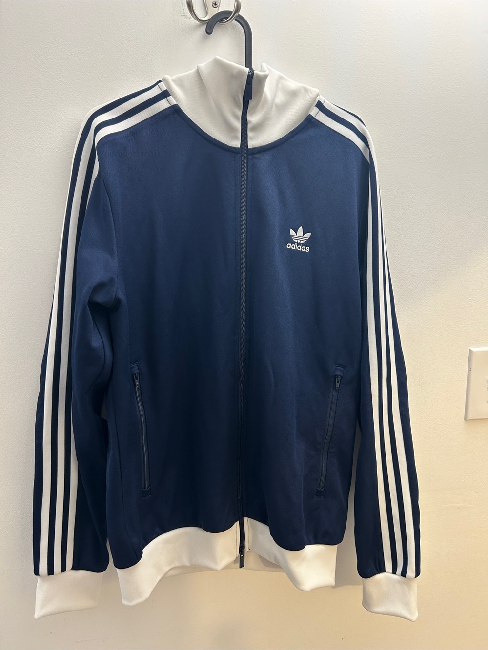 adidas Navy and White Three-Stripe Track Bomber Jacket